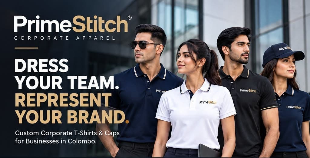 Team wearing navy PrimeStitch polo shirts in an office lobby